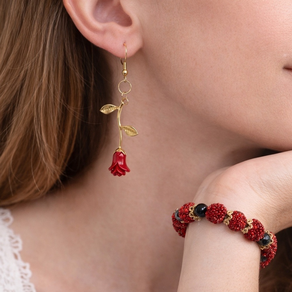 Elegant Red Rose Earrings with Gold Leaves - Picture 2 of 3